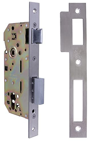 Amig - Cerradura de Embutir para Puertas de Madera - Con Paletón de Cierre - Frente y Soporte en Canto Cuadrado - Entrada de 50 mm - Picaporte reversible - Acero inoxidable - Plateado Mate - 240 mm