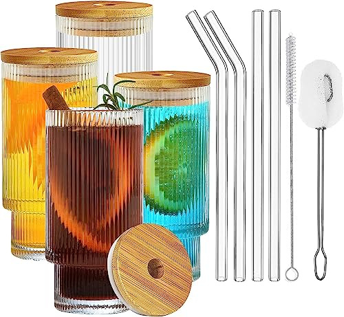 ALINK Juego de 4 vasos de cóctel, vasos de cerveza, bidón de cristal de café helado con pajita, 2 cepillos de limpieza, bidón para familia, camping, fiesta, bar (altura de relleno: 310 ml)