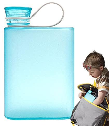 pologmase Flache Wasserflasche für die Reise - 380 ml auslaufsichere, Flache, klare A5-Trinkflasche mit Riemen,Tragbare transparente Flasche mit Silikondichtung, Camping-Wasserflasche für Schulreisen