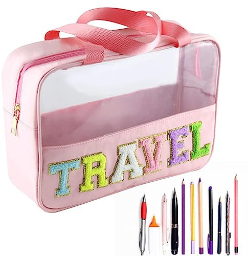 Preppy Kosmetiktasche | Kulturbeutel für Damen mit Reißverschluss transparent - Kulturbeutel für Eyeliner, Lippenstift, Taschentücher, Snack-Taschen Renywosi, Rosa, 1