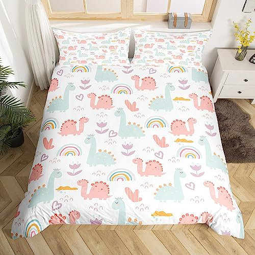 Homemissing Set di biancheria da letto per bambini, ragazzi e ragazze, motivo dinosauro rosa e verde, con simpatico motivo dinosauri, traspirante, per letto singolo