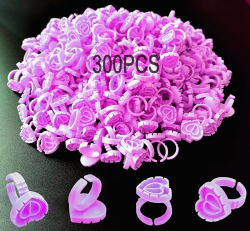 300 PCS Glue Rings for Eyelash Extension, Lash Glue Rings Smart Glue Cups Eyelash Glue Holder, Heart Glue Rings for Lash Eyelash Extension Supplies, Blossom Glue Ring Fan Fanning Glue Cups, Purple