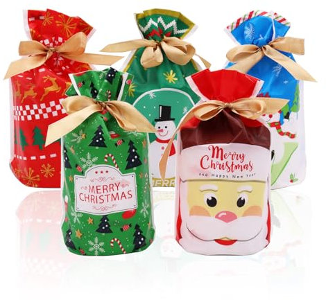 Qxsuse 25 Stück Geschenktüten Weihnachten,Weihnachten Geschenkbeutel mit Kordelzug 5 Stile,Geschenkverpackung Weihnachten Tasche,Wiederverwendbar Weihnachten Geschenk Beutel für Weihnachten Party