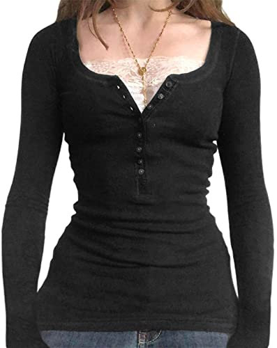Womens Y2K Long Sleeve Ribbed Henley Top Lace Patchwork Striped Tight Fitted Fairy Grunge Vintage Casual Tees Shirts Clothes for Teens Girls (122801# Black, M)