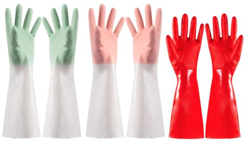 ACMEDE 3 Paare Haushaltshandschuhe Wiederverwendbare, Lange handschuhe mit beflocktes Innenfutter rutschfestem Griff Handschuhe Latexfrei Zum Geschirrspülen Wäschereinigung Bad, Auto