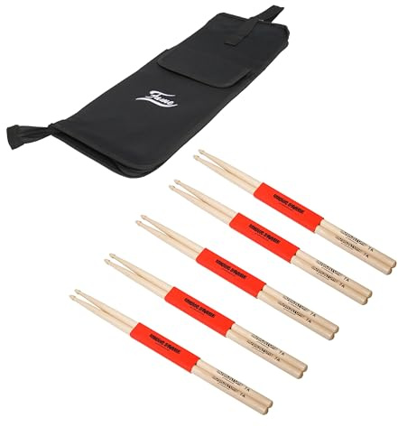 Fame 7A Drumstick Set, 5 Hornbeam Wood Tip Drumsticks, Nylon StickBag