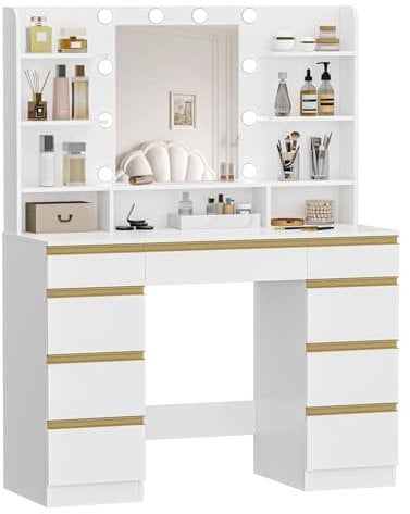 Hzuaneri Toeletta da Trucco con 10 Luce LED, 3 Colori, Luminosità Regolabile, Grande Specchio HD, 1 Cassetto Grande e 8 Cassettiere Piccole, 9 Vani Portaoggetti Aperti, Bianco-Oro DT35703X