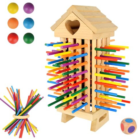 NEUFOOD Montessori Spielzeug ab 3 Jahre, 77 Stück Bunte Holzstäbchen Pädagogisches Brettspiel, Feinmotorik Spiel, Familienspiel Reisespiel für Kinder, Spiele ab 3 4 5 6 7 Jahren