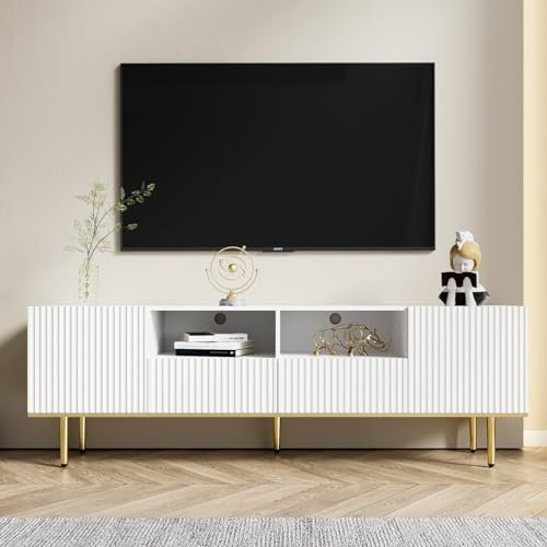 KOMHTOM Meuble TV Blanc avec tiroirs et Pieds dorés, Table Television Salon avec Rangement Meuble télé Moderne (Blanc + doré)