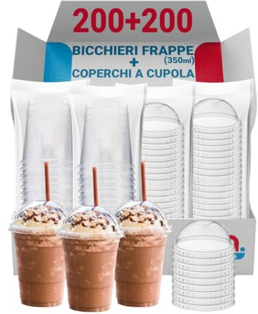 G.M. DISTRIBUZIONE 200 Bicchieri Frappè in PP da 350ml + 200 Coperchi A Cupola in PS, Bicchieri e Coperchi Riutilizzabili Trasparenti, Bicchiere Riutilizzabile Alta Qualità per Bar e Gelaterie.