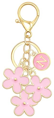 Ronglry Portachiavi carino rosa fiore iniziale lettera portachiavi per donne fiore borsa charms carino lettera portachiavi per zaino, Rosa N, Regolare