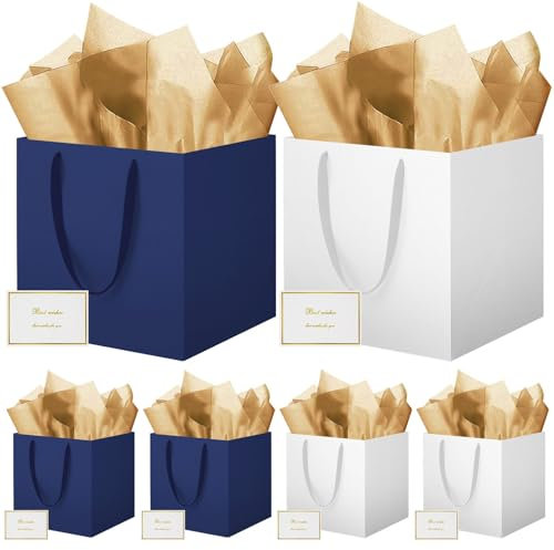 HONTIUS Geschenktüten Groß, 11.8 Quadratische Geschenktüten Geschenktüte xxl mit Taschentuch und Karten, Lächeln Geschenk Tüte Papiertüten mit Henkel 30 * 30 * 30cm Gift Bag Bags 6 Stück Blau Weiß