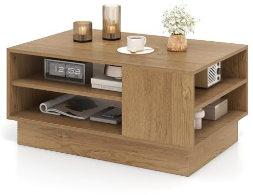 COSTWAY Coffee Table, Wooden Rectangle Cocktail Center Table with 2-Tier Open Storage Shelves, Modern Accent Sofa Side Tea Table for Living Room, Bedroom and Office, 86x56x41cm (Natural)