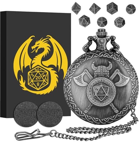 Mini DND Dice Set with Viking Helmet with Double Axes Pocket Watch Shell Case, DND Starter Set, 7pcs Polyhedral Mini Metal Dice Set, D&D Gifts with Gift Box, Role Playing Board Game Accessories,Silver