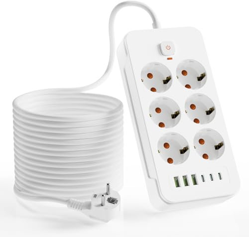 Mehrfachsteckdose mit USB C, SNYZPN Steckdosenleiste mit Schalter 6 Fach, 2M Kabel Verlängerungskabel mit Überspannungsschutz, 3840W/16A Wandmontage, 3USB/3Type-C, Weiß