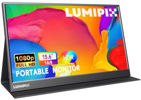 LUMIPIX Monitor portátil de 15.6 pulgadas, IPS FHD 1080P Monitor de juegos con USB-C y HDMI, pantalla externa ultrafina con cubierta inteligente y altavoces para laptop, Xbox, Mac, teléfono, PS5 e