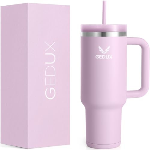 Gedux Gourde avec paille 1,2 l, gobelet isotherme avec anse anti-fuite, double paroi d'isolation sous vide, gobelet isotherme avec paille, couvercle protégé contre les éclaboussures (violet)