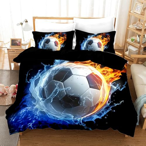 KAIDAARTLH Fußball Bettwäsche Set 135x200cm, Fußball Motiv Drucken Mikrofaser Bettbezug 3teilig, mit Reißverschluss Und 2 Kopfkissenbezügen 50X75cm, für Chlafzimmer Dekor (D, 135x200cm)