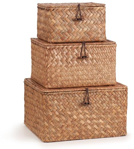Woodluv Storage Basket Set of 3, Storage Box Nested Hand-Woven Storage Basket, Stackable Wardrobe Organiser, Hamper Baskets, Brown