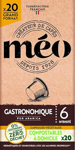 Cafés Méo - Capsule Café Gastronomique Home Compost Pur Arabica - 100 Capsules - Compatible avec Nespresso - Intensité 6/10 - Arômes Authentiques, Doux et Parfumé - Lot de 5x20