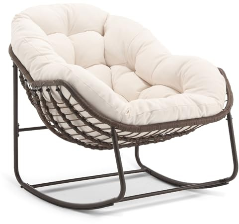 SEEDWAVE Schaukelstuhl Übergroß mit PE-Rattan-Geflecht, 15 cm dickem Olefin-Fleece-Kissen, Lounge-Stuhl für Innen- und Außenbereich, Stilvolle Eierschalenform (Weiß)