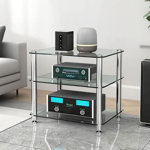 Audio-Regal, Turm, gehärtetes Glas, HiFi-Media-Ständer, 1-stöckig, Stereo-Schrank und Regal für Wohnzimmer, Gaming, Aufnahmen, Meetings und Schlafzimmer, schlankes Design