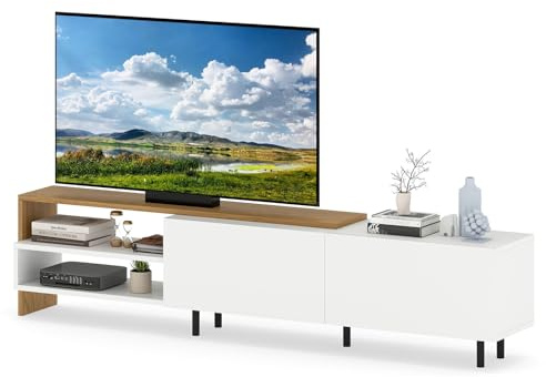 COSTWAY Meuble TV 180 cm, Meuble TV Bois pour Télé 80 Pouces, 2 Rangements Ouverts, 2 Armoires, Pieds en Métal, Style Moderne, Meuble Télé pour Salon, Chambre, Blanc & Naturel