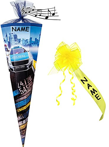 alles-meine.de GmbH mit Sound Effekt ! - Schultüte - Polizei Auto - 85 cm - 12 eckig - incl. Namen und individueller Schleife mit Tüllabschluß - Zuckertüte - mit/ohne Kunststof..