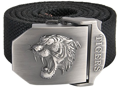 Faletony Herren Militär Gürtel Stoffgürtel mit Tiger kopf Schnalle Leinwand Canvas Jeansgürtel Belts 140cm + Original Geschenkbox