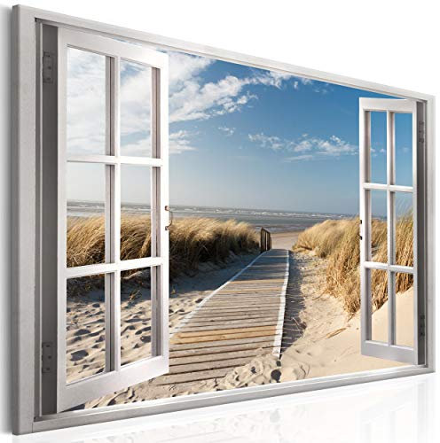 decomonkey Bilder Fensterblick 120x80 cm 1 Teilig Leinwandbilder Bild auf Leinwand Vlies Wandbild Kunstdruck Wanddeko Wand Wohnzimmer Wanddekoration Deko Fenster Meer Strand Himmel