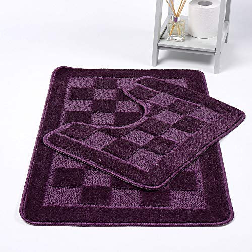 Bath Mat & Pedestal Mat Chequered 2 Piece Sets Bath Mats for Bathroom Shower U-Shaped Contour Toilet Mat Plush Non-slip Antibacterial Rubber Back Rugs (Plum)