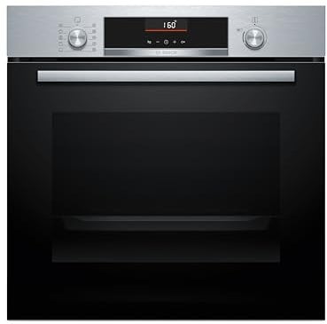 Bosch - Horno Multifunción, 60 cm, Asistente de limpieza con agua, Puerta extraíble de carro, Recetas pre-programadas, Display LCD con mandos ocultables, Serie 6, acero inoxidable, HBB536BS0