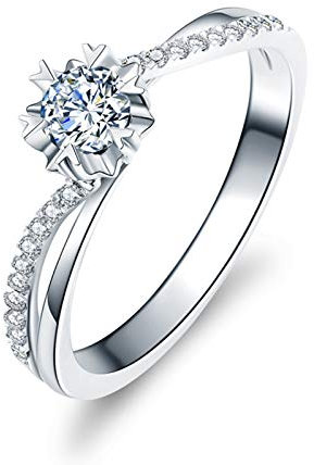 Beydodo Partnerringe Platin, Eheringe Blume Solitär Ring Rund Diamant 0.3ct Hochzeit Ring Weißgold Gr. 57 (18.1)