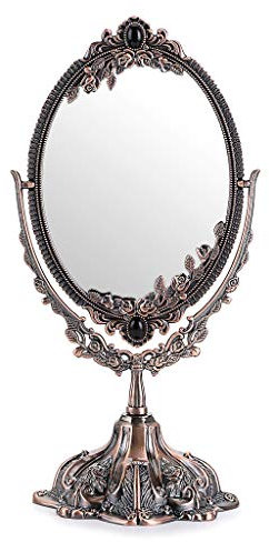 JUXYES Metall Tischplatte Antik Dekorativer Make-up Spiegel mit Ständer, Vintage Drehbarer Doppelseitiger Kosmetikspiegel mit Rahmen, Retro Desktop Oval Ankleidespiegel für Badezimmer Schlafzimmer
