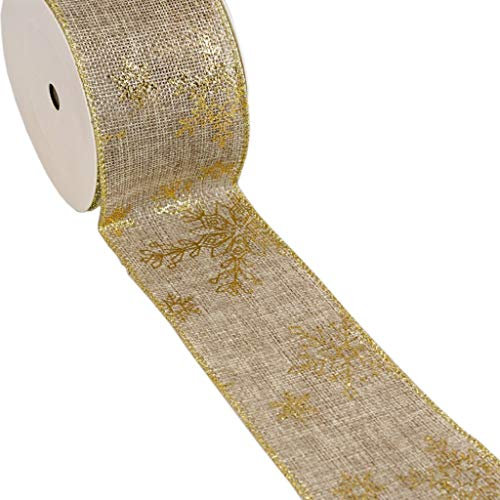 Weihnachtsband - Dekoband- Weihnachten - Leinenstrukturband mit Goldfoliendruck große Eissterne ca. 65mm Breite - 10m Länge - col. 02 beige, gold - 67803-65-10-02