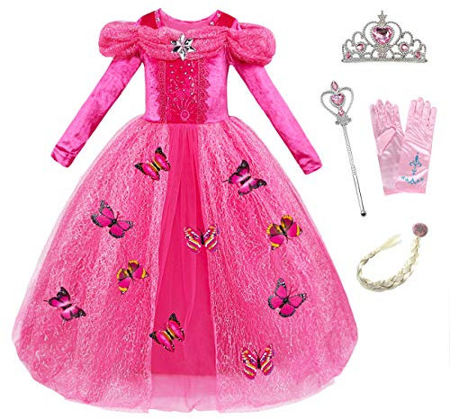 Monissy Princesse Elsa Robe Costume Reine des Neiges Rose 2 Dentelle Manche Longue Tulle Brillant Papillon Diadème Perruque Gant Baguette Déguisement Halloween Anniversaire,Rose 2,150