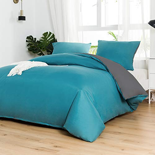 MOHAP Parure de Lit Réversible avec Fermeture éclair Microfibre 220x240 cm Bleu Lac + Gris Foncé et 2 Taies d'oreiller 65x65 cm Housse de Couette Adulte