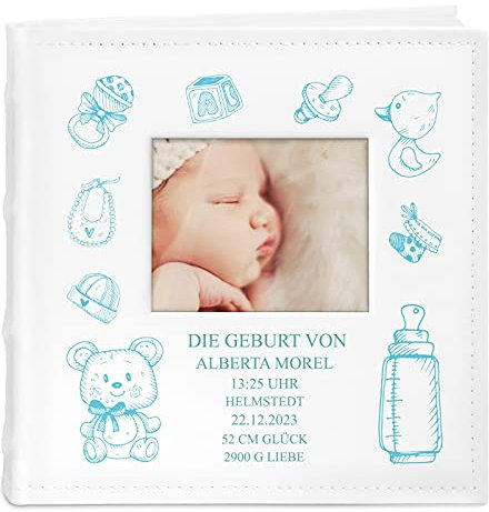 Maverton Einsteckalbum + mit Aufdruck - für 200 Fotos 10x15-100 weiße Seiten - Größe 21x22cm - Weiß - Geschenk für Kind zur Geburt Taufe zum Geburtstag - Schnuller
