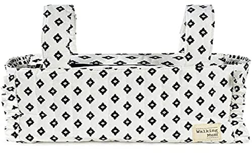 Walking Mum. Bolso organizador Boho Chic. Bolsa de maternidad para silla de paseo. Asas cortas para fijar al carro. Color Blanco/Negro. Medidas 31X17X12 cm.