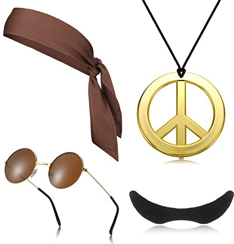 Jeere 4 Stück 70er Jahre Hippie Kostüm Set inklusive Hippie Stirnband Schnurrbart Frieden Halskette Runder Hippie Sonnenbrille für Themenparty der 50er/60er/70er Jahre