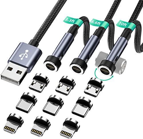 HanCenDa Câble de chargement magnétique 3 pack [3ft / 6ft / 10ft], 3 en 1 câble de chargeur de téléphone magnétique 3A, support de transfert de données en nylon pour iPhone/micro USB/type C -Black
