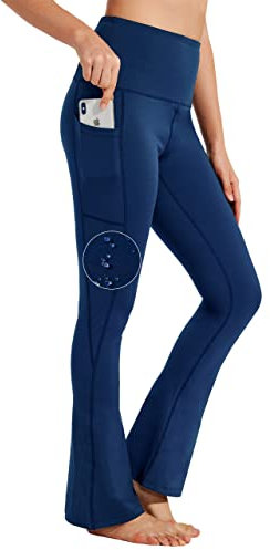 BAYGE Damen Bootcut Yogahose Hohe Taille Wasserdicht Blickdicht Bauchkontrolle Slim Fit Leggings Sporthose Schlaghose Sweathose Fitnesshose mit Taschen, Blau, XL