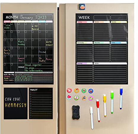 Torolle Large A3 Magnetic Weekly Planner Board for Fridge, Dry Erase Calendar for Fridge with Markers Monthly Weekly Daily Family Planner Meal Planner or Shopping List -Black