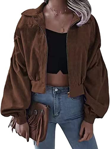 Damen Casual Laterne Ärmel Cord Jacke Zip Revers Cropped Jacke Cord Shirt Jacke Übergroße Ballon Ärmel Zip Shirt Jacke Kurz Jacke (Braun,XXL)