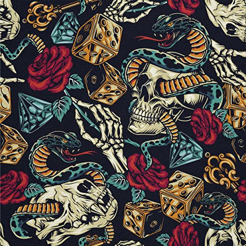 HEKO PANELS Oxford Wasserdichte Meterware Canvas Polyester Stoff Zum Nähen - Möbel- und Dekostoffe Wasserabweisend Blickdicht - Schädel Totenkopf Schlangen Muster - 1 Meter 155 x 100 cm