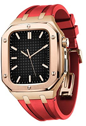NDJQY For Apple Watch Band 45mm 44mm Men Women Military Metal Case For IWatch Series 7/SE/6/5/4 Silicone Strap Shockproof Bumper Business casual style watch Strap (Color : Rose Red, Size : 44MM FOR