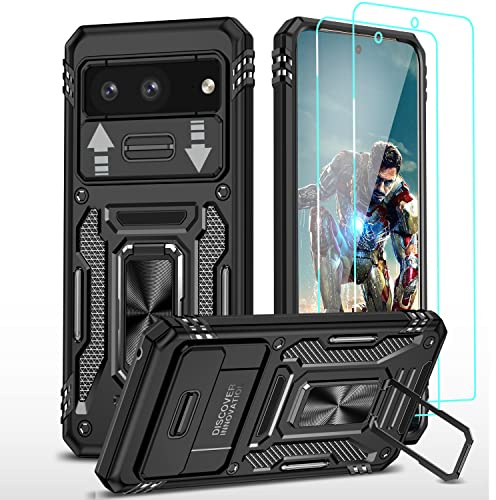 YmhxcY Hülle für Google Pixel 7,2 Stück Explosionsgeschützte Membran,Schutzhülle Militär Standard,Kameraklappe,360° Drehbare Metall Halterung, Passend für Google Pixel 7-Schwarz