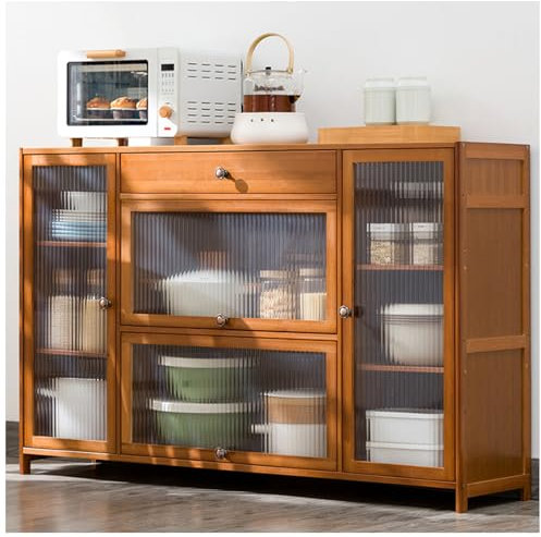 ARMERI Küchenschrank, Buffet-Schrank, Vitrinenschrank Standvitrine Buffetschrank, Bambus Küchenbuffet mit Türen und Schubladen, für Wohnzimmer, Küche, Esszimmer,A,135×84cm/53×33in