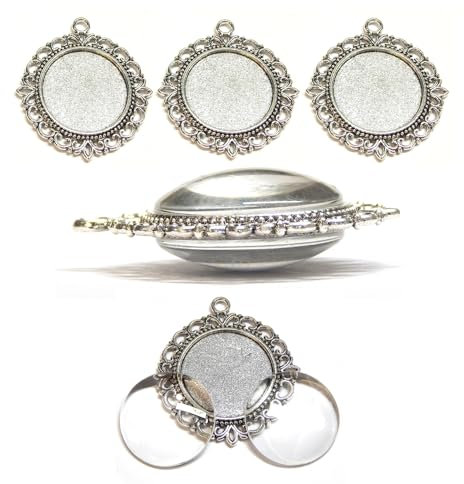 Perlin 12 Teile Zweiseitige Metall Anhänger Schmuck Charm Leere Lünette Medaillons 4 Stück Fassungen und 25mm Runde 8 Stück Klar Glas Cabochon (Silber Modell-15)