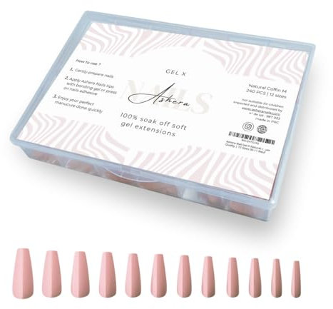 Ashera Nail capsules Gel-X nude coffin | couleur naturelle Gel-X Tips | Premium Quality |12 Sizes 00-11| manucure américaine capsules ballerine couleur nude taille Medium 240 Tips faux ongles